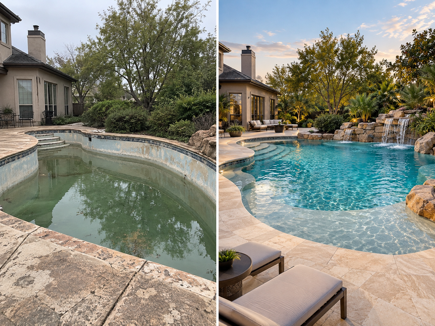 Avant après rénovation piscine lagon Avant et après rénovation complète d’une piscine transformée en piscine lagon